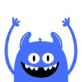 Happy Halloween. Monster smiling face head icon. Eyes, horns, fang tooth, hands up. Cute cartoon boo spooky character. Blue
