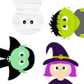 Happy Halloween. Mummy, Vampire count Dracula, whitch hat, zombie round face head body icon set. Cute cartoon funny spooky baby ch