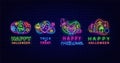 Happy Halloween neon items collection. Night bright signboard. Editable stroke. Isolated vector illustration Royalty Free Stock Photo