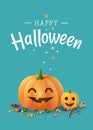 Happy Halloween nice greeting card with two happy smiling cute pumpkins and candies. - Vector illustration