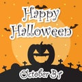 Happy Halloween Night Background with Moon, Bat, Pumpkin and Grave Royalty Free Stock Photo