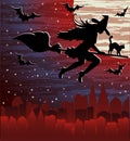 Happy Halloween night city background, vector Royalty Free Stock Photo