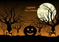 Happy Halloween, night, moon, creepy trees, pumpkin, bats