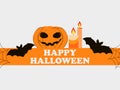 Happy Halloween October 31st. Holiday greeting card with pumpkin, bats and candles. Festive symbols. Vector