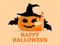 Happy Halloween October 31st. Holiday greeting card with pumpkin, bats and candles. Festive symbols. Vector
