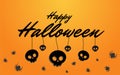 Happy Halloween orange background with black skulls and spiders. Happy Halloween vector lettering with black skull elements