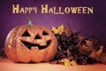 Happy Halloween orange jack-o-lantern pumpkin with sample text. Royalty Free Stock Photo