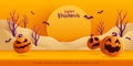 Happy Halloween. Halloween orange theme paper graphic cloud scene with group of 3D illustration pumpkin on studio table