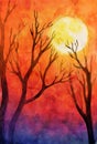 Happy Halloween orange Watercolor Background with fool moon and trees