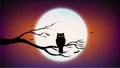 Happy Halloween with Owl holding on tree branch and Dark Purple Violet and Orange color Background with full moon Royalty Free Stock Photo