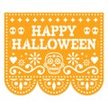 Happy Halloween  Papel Picado design with sugar skulls, Mexican paper cut out garland background with flowers and skulls Royalty Free Stock Photo