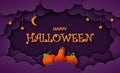 Happy Halloween. Paper cut style background. Orange pumpkins, stars and moon on a purple night sky with clouds