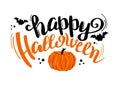 Happy Halloween party brush lettering with pumpkin and bats in black and orange colors.