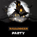 Happy halloween party card with hounted house, full moon and bats flying Royalty Free Stock Photo