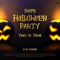 Happy Halloween party card with two scary pumpkins and glowing eyes and Halloween text on dark violet background. Flyer or invitat Royalty Free Stock Photo