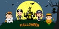 Happy Halloween. Halloween party children of characters in different costumes against the background of the full moon, at night. C