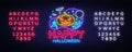 Happy Halloween Party design template vector. Halloween greeting card, Light banner, neon style, night bright Royalty Free Stock Photo