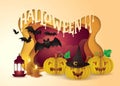 Happy Halloween Party Frame, Abstract Spooky background with Spooky pumpkin, lantern and bats monster Royalty Free Stock Photo