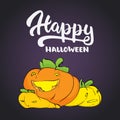 Happy Halloween - party hand drawn lettering and sketch with cute pumpkins character. Fun greeting card, illustration Royalty Free Stock Photo