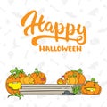 Happy Halloween - party hand drawn lettering and sketch with cute pumpkins on the porch. Fun colorful brush ink Royalty Free Stock Photo