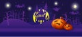 Happy halloween party haunted castle pumpkins head purple and darkness background theme Royalty Free Stock Photo