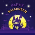 Happy halloween party haunted castle pumpkins head purple and darkness background theme Royalty Free Stock Photo