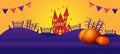 Happy halloween party haunted castle pumpkins head purple and orange background theme Royalty Free Stock Photo