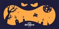 Happy Halloween party horizontal banner design. Jack O Lantern pumpkin scary face on dark blue background. Cemetery Royalty Free Stock Photo
