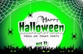 Happy Halloween party invitation. Halloween black, green and white illustration with full moon, cobweb, spiders, evil red eyes