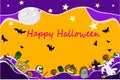 Happy Halloween party invitation card background include moon and pumpkins in cartoon style illustration. Full moon in the sky, sp Royalty Free Stock Photo