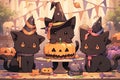 Happy halloween party invitation card, three cute black cats wearing witch hats enjoying Halloween festival, illustration Royalty Free Stock Photo