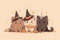 Happy halloween party invitation card, three cute cats wearing witch hats enjoying Halloween festival, illustration background. Royalty Free Stock Photo