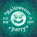 Happy Halloween. Party invitation, moon with scary face in cartoon style. Bare branches without leaves, night cloudy sky Royalty Free Stock Photo