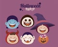 Happy halloween party with little monsters head characters