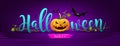 Happy Halloween party message pumpkin, design banner with bat on night purple background