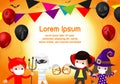 Happy halloween party poster, Cute Little group kids dressed in Halloween fancy dress to go Trick or Treating, kids holding sign b Royalty Free Stock Photo