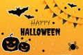 Happy Halloween party poster for october event invitation, orange background with scary pumpkin, flying black bats and spider. Royalty Free Stock Photo