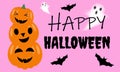 Happy Halloween party poster for october event, pink background with scary pumpkin, flying black bats and ghosts. Happy halloween Royalty Free Stock Photo