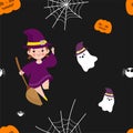 Happy halloween party seamless pattern with cute witch trick or Treating background Holidays cartoon character flat style Vector Royalty Free Stock Photo