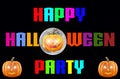 Happy Halloween Party - A spooky Halloween Party banner with a scary vampire pumpkin with glowing eyes, in front of the moon Royalty Free Stock Photo