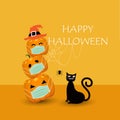 Happy Halloween party. Stacked pumpkins wearing a mask. and witch hat. with Black cats, spiders Royalty Free Stock Photo