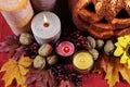 Happy Halloween party table centerpiece - closeup. Royalty Free Stock Photo