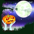 Happy Halloween party with zombie hands, pumpkin, tree and spider. Moon light night background with fog. Vector illustration Royalty Free Stock Photo