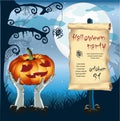 Happy Halloween party with zombie hands, pumpkin, tree and spider. Moon light night background with fog. Vector illustration Royalty Free Stock Photo