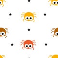 Happy Halloween pattern with color spiders and stars on white background. Vector seamless ornament