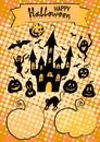 Happy Halloween pop art poster, greeting card template: lettering, spooky haunted house on the hill, bats, pumpkin Royalty Free Stock Photo