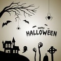 Happy halloween post card. House with cemetery silhouette with bats and spiders Royalty Free Stock Photo