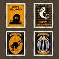 Happy Halloween Postage Stamps with ghost, Vampire, black cat grave, cemetery, halloween cartoon symbol. Vector isolated