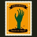 Happy Halloween Postage Stamps with hand of the risen dead zombie, halloween cartoon character symbol. Vector isolated