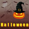 Happy Halloween postcard banner or party invitation background with clouds, bats and pumpkins Full moon in the sky, hat Royalty Free Stock Photo